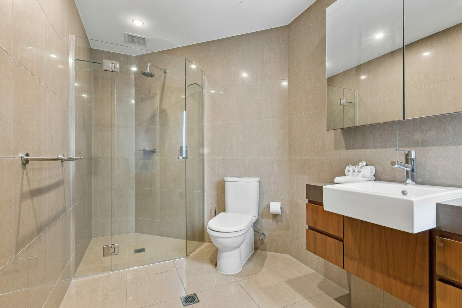Modern bathroom in neutral colours with toilet, shower and vanity basin