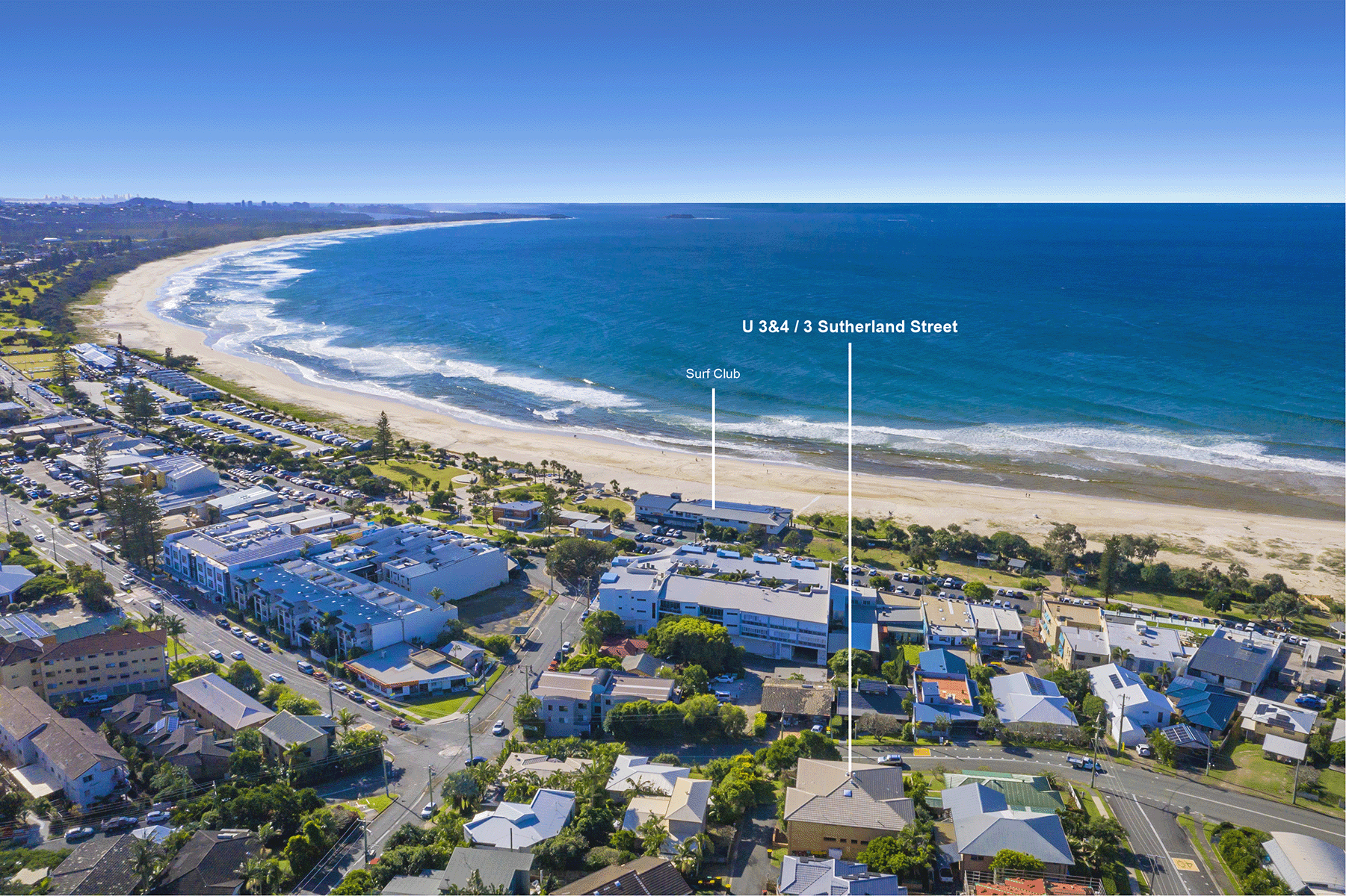 Aerial ohoto of Kingscliff with Seagaze apartments marked as two blocks from the beach