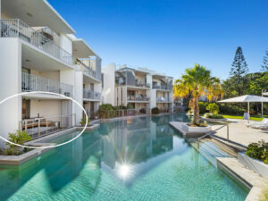 Apartment balcony with swim up access to lagoon pool